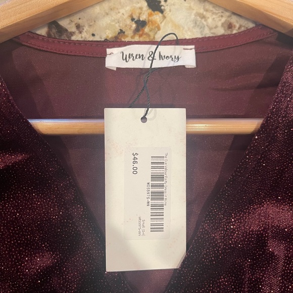 NWT Wren & Ivory Eva Velour party dress, wine red with sparkles, small, vneck - Picture 3 of 5